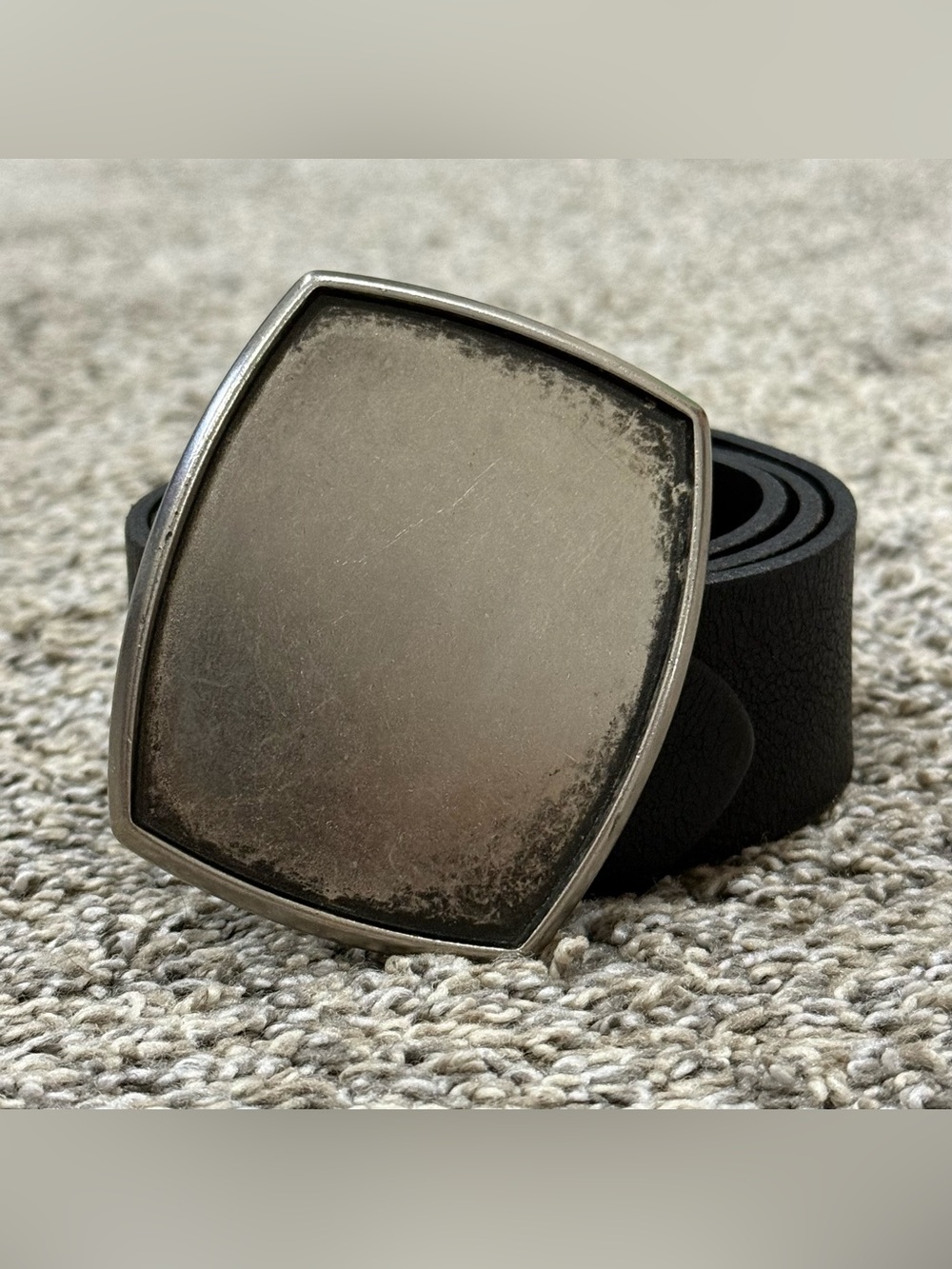 Aldo Vintage Black Leather Belt Large Unisex Plaque Buckle 90s Minimalist 41